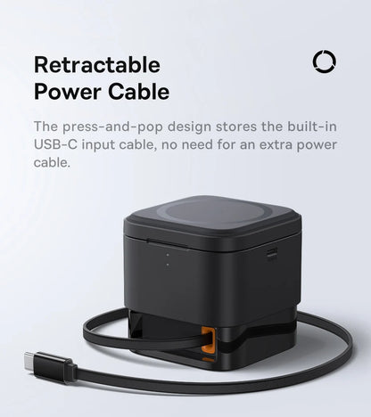 Black Baseus 3-in-1 wireless magnetic charger with retractable USB-C power cable on a white background