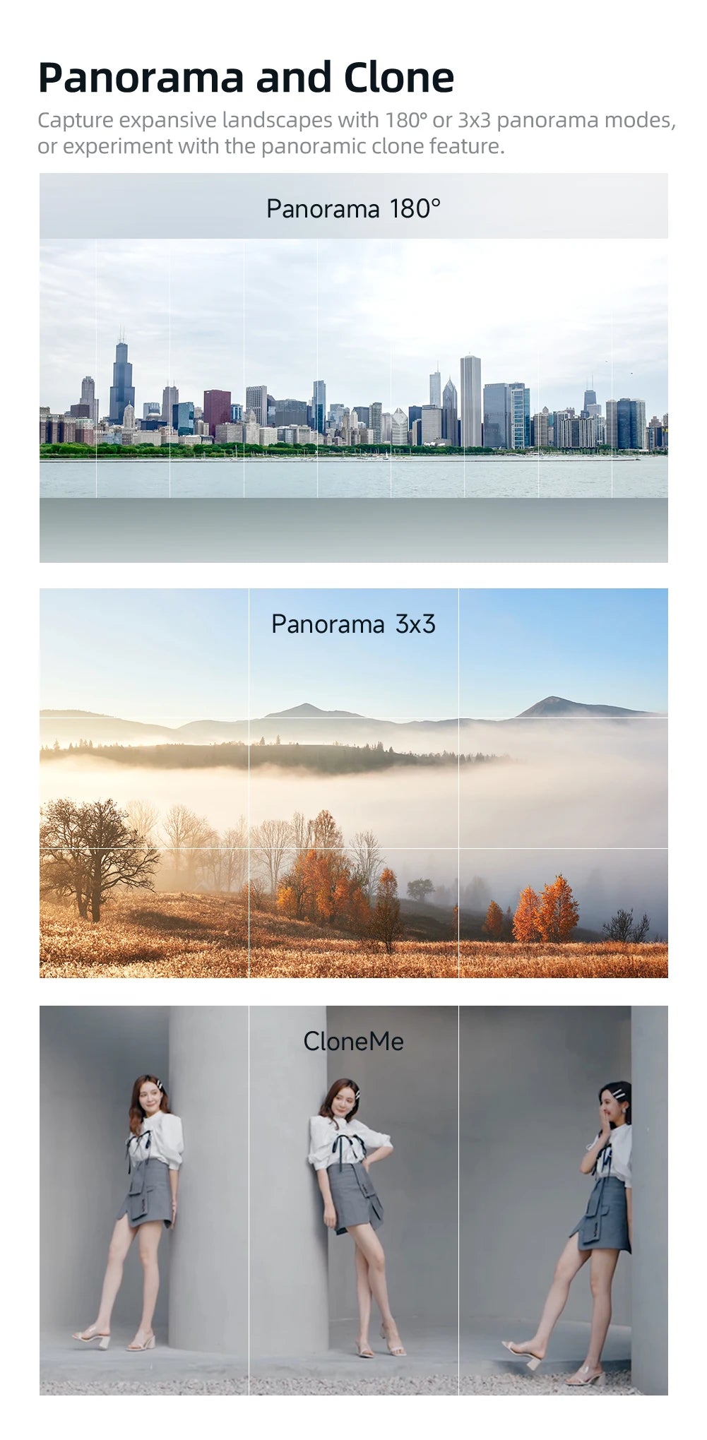 Three images showing panoramic modes with city skyline, foggy landscape, and a woman cloned in different poses
