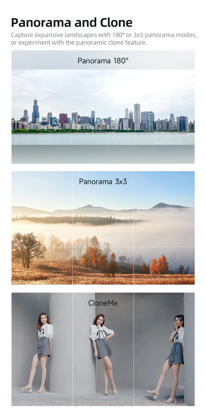Three images showing panoramic modes with city skyline, foggy landscape, and a woman cloned in different poses