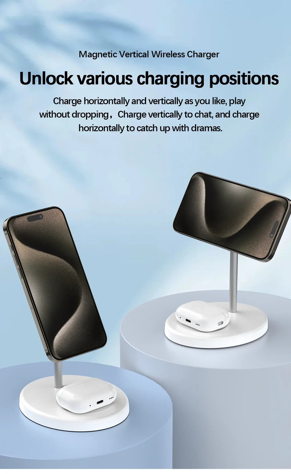 White 2-in-1 magnetic wireless charger stand holding iPhone vertically and horizontally with AirPods placed on the base