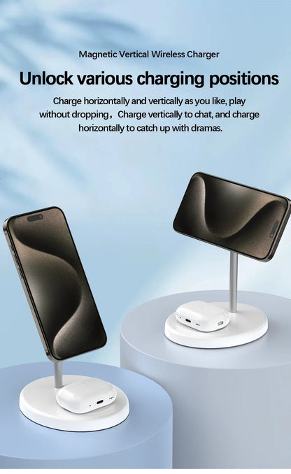 White 2-in-1 magnetic wireless charger stand holding iPhone vertically and horizontally with AirPods placed on the base