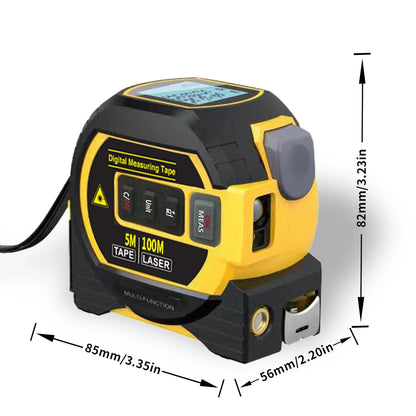 Compact digital laser measuring tape with 3 functions, 5m tape, high precision, and multiple measurement units on white background