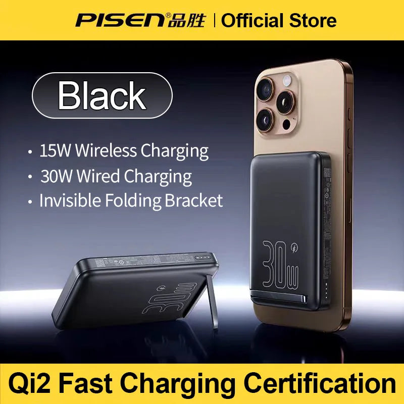 Black Pisen 30W magnetic wireless power bank with invisible folding bracket attached to a gold smartphone back