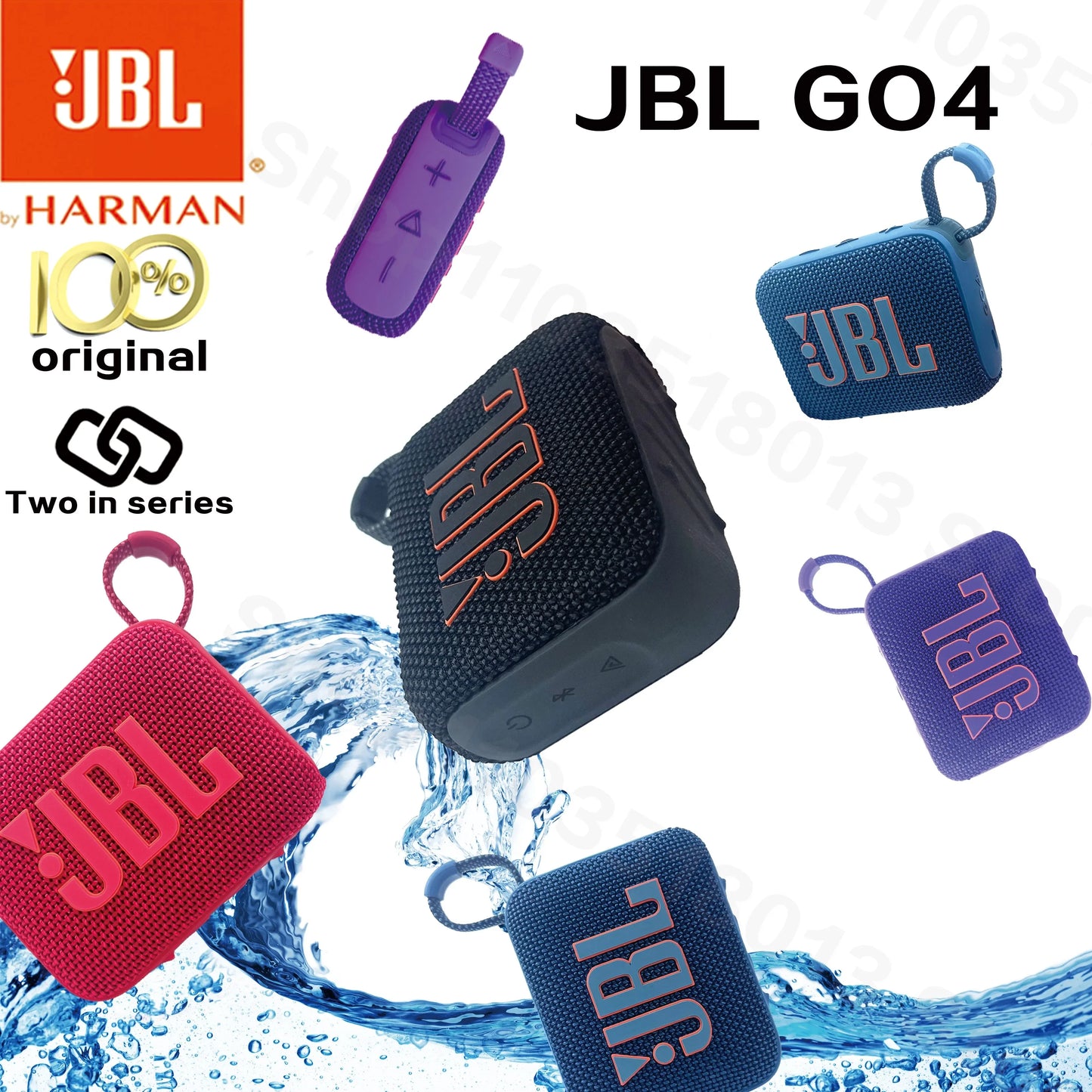 Multiple colored JBL GO 4 portable waterproof Bluetooth speakers with splash of water on a white background