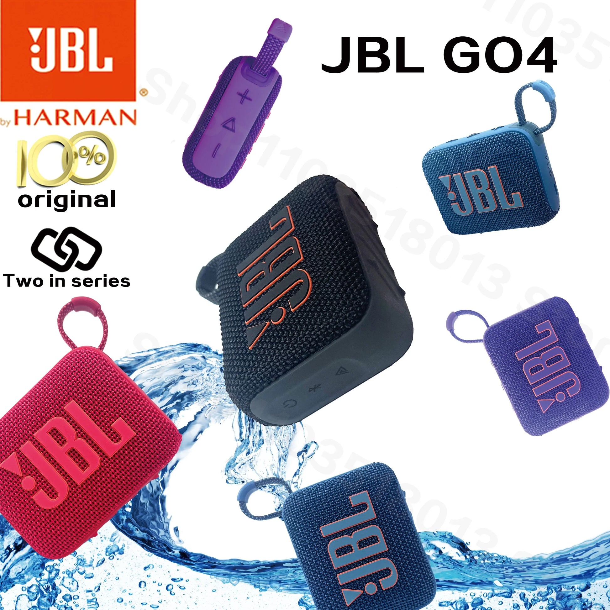 Multiple colored JBL GO 4 portable waterproof Bluetooth speakers with splash of water on a white background