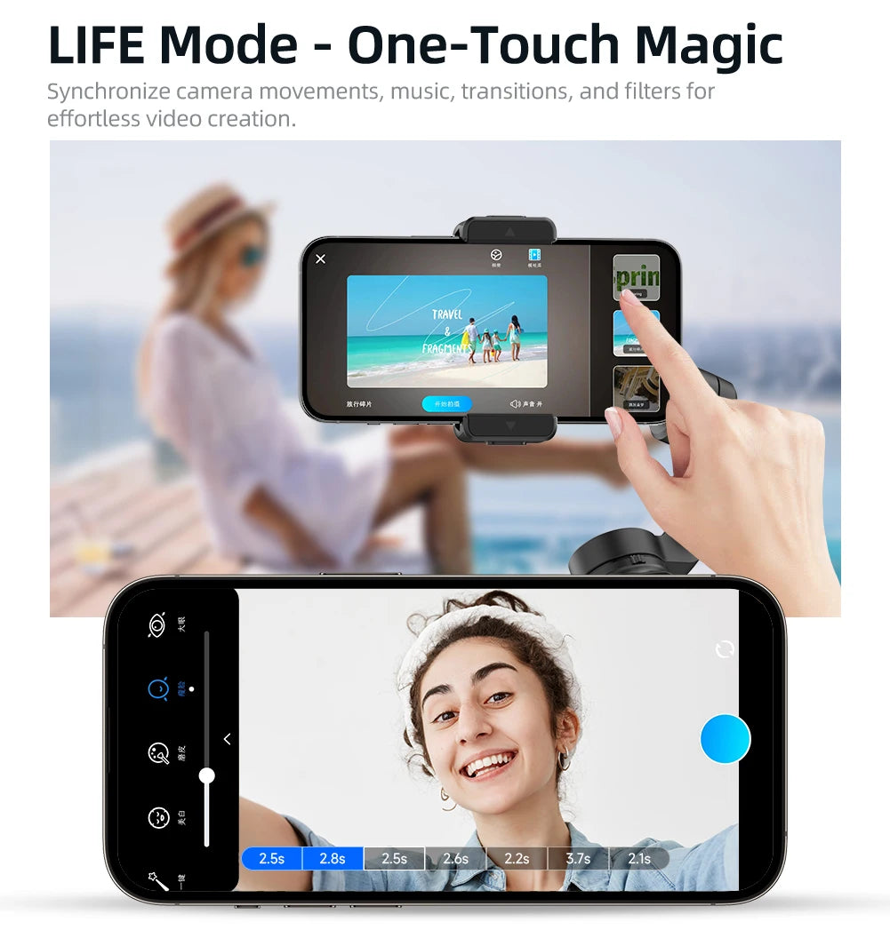 Hand using smartphone mounted on 3-axis gimbal stabilizer showing video editing interface with blurred background woman outdoors