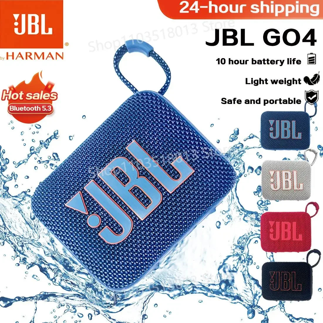 Blue JBL GO4 portable waterproof Bluetooth speaker with loop handle splashing in water, with smaller speaker color options displayed