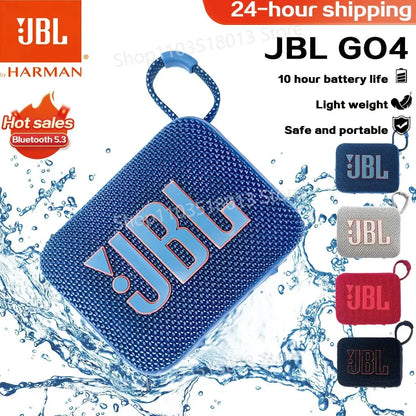 Blue JBL GO4 portable waterproof Bluetooth speaker with loop handle splashing in water, with smaller speaker color options displayed