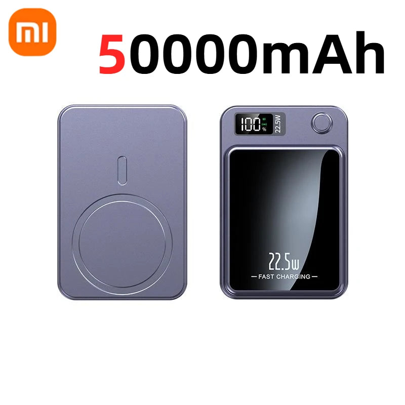 Front and back views of a gray Xiaomi 50000mAh portable power bank with digital display and fast charging label