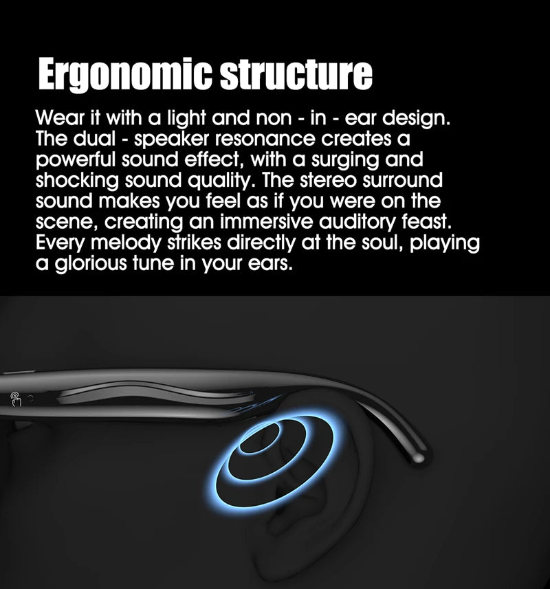 Close-up of black smart glasses with ergonomic design showing dual-speaker resonance for immersive stereo surround sound experience