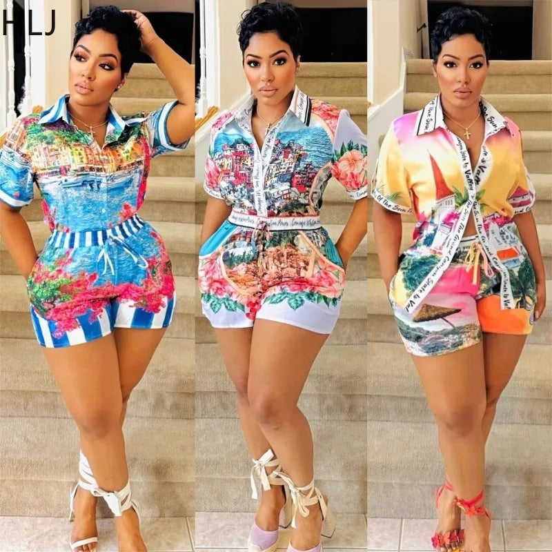 Woman wearing three colorful two-piece summer outfit sets with short-sleeve tops and matching shorts, vacation style