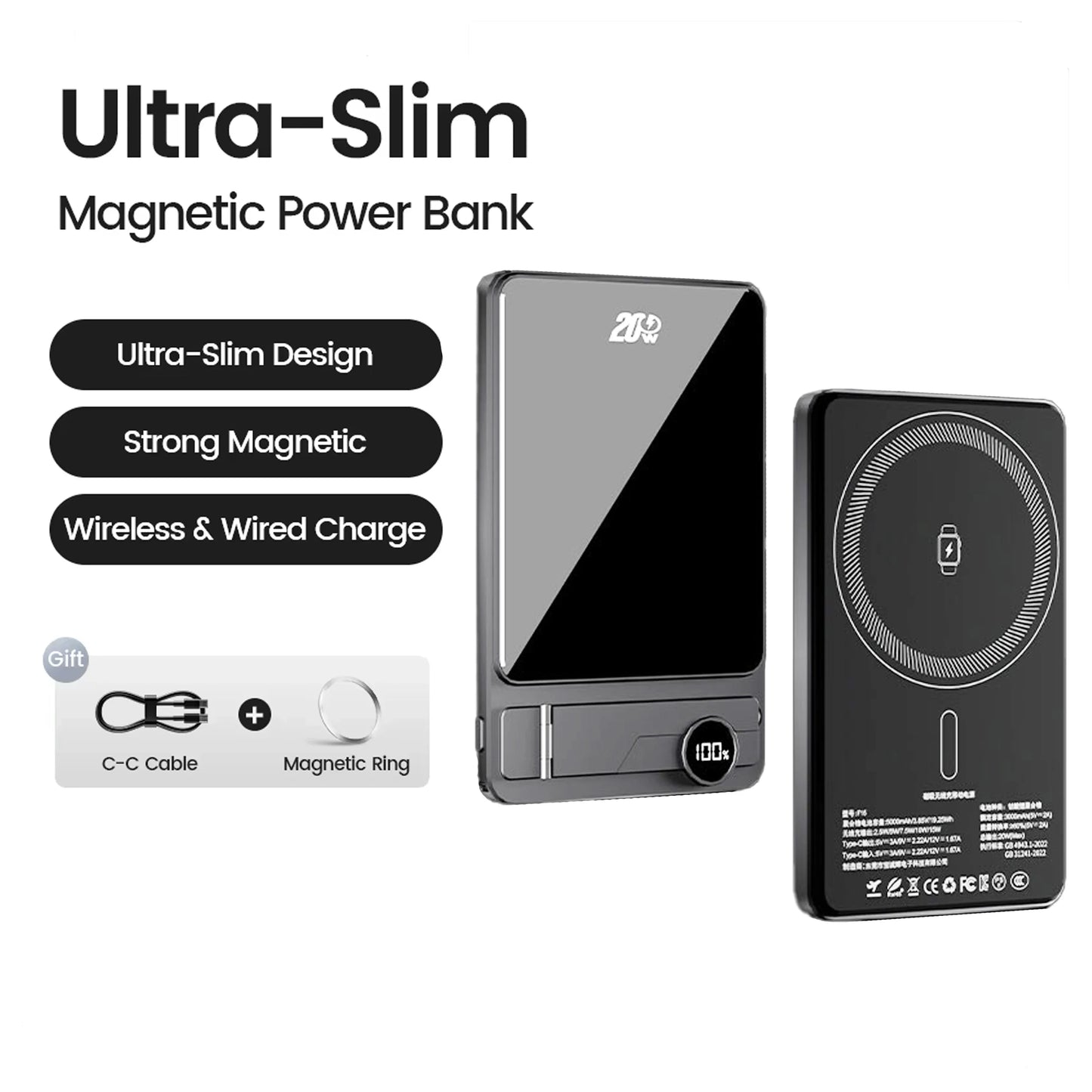 Front and back view of ultra-slim magnetic power bank with digital display and wireless charging pad features