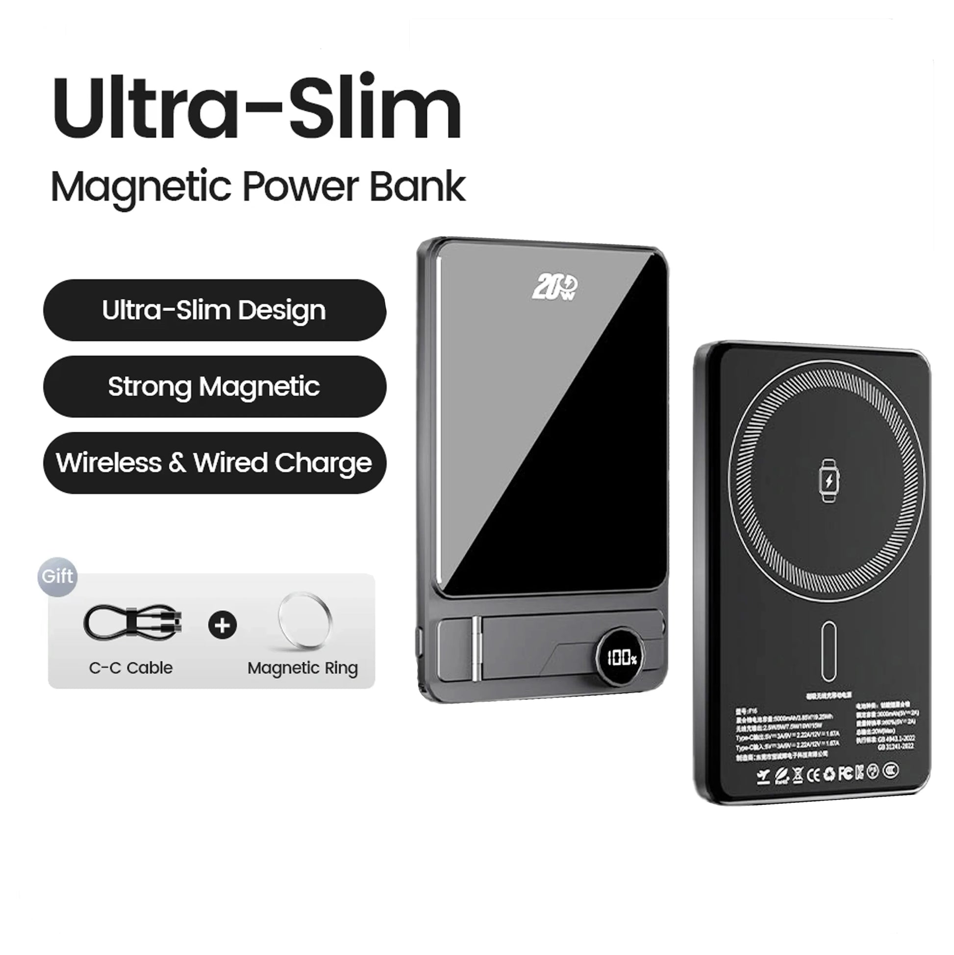 Front and back view of ultra-slim magnetic power bank with digital display and wireless charging pad features