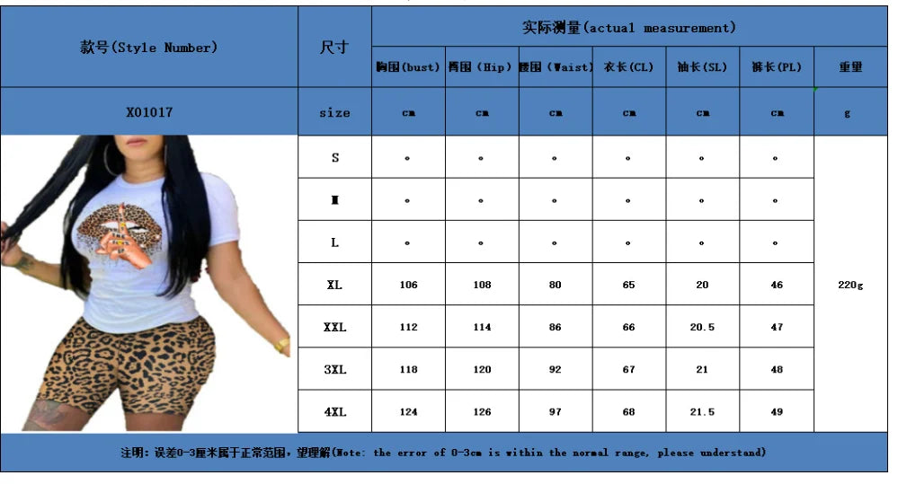 Woman wearing a two-piece tie-dye and leopard print summer outfit with t-shirt and shorts, size chart displayed.