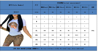 Woman wearing a two-piece tie-dye and leopard print summer outfit with t-shirt and shorts, size chart displayed.