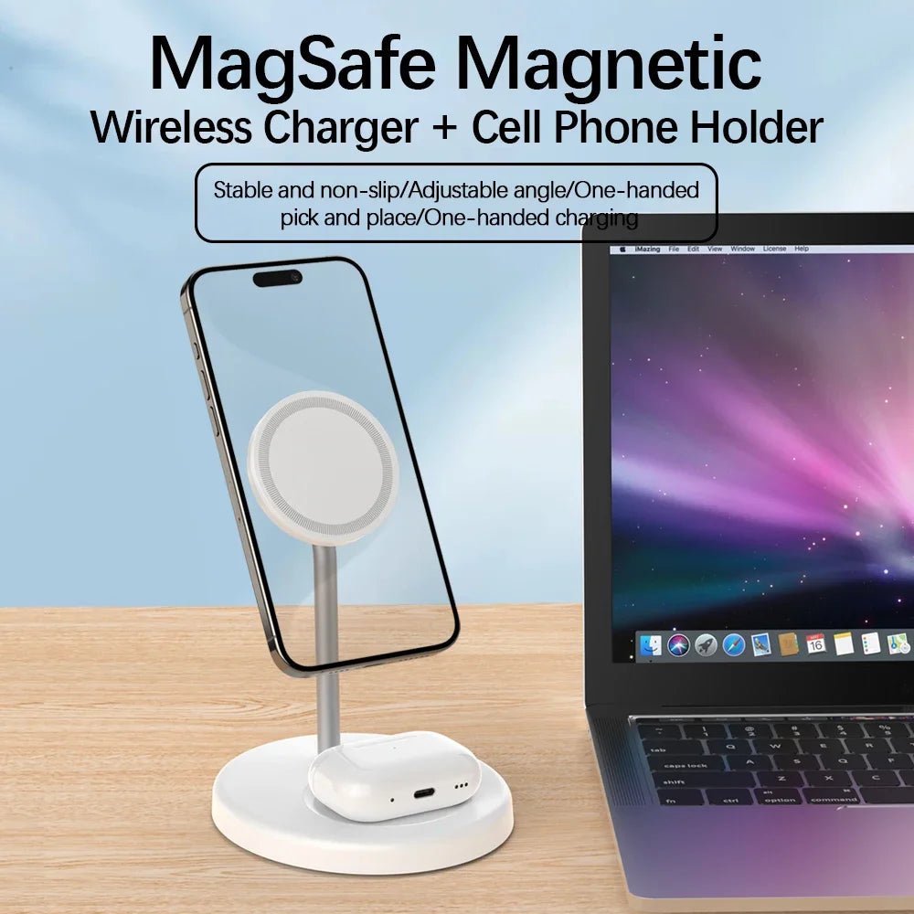 White MagSafe magnetic wireless charger and phone holder with AirPods charging dock next to a laptop on a desk