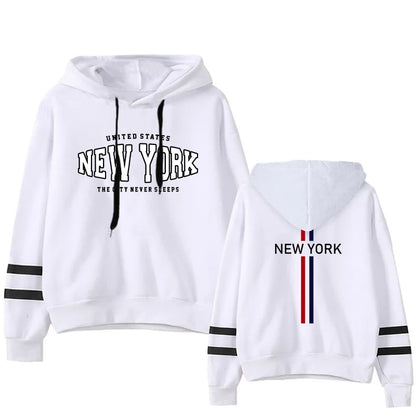 White women's hoodie with black stripes on sleeves and New York graphic print on front and back