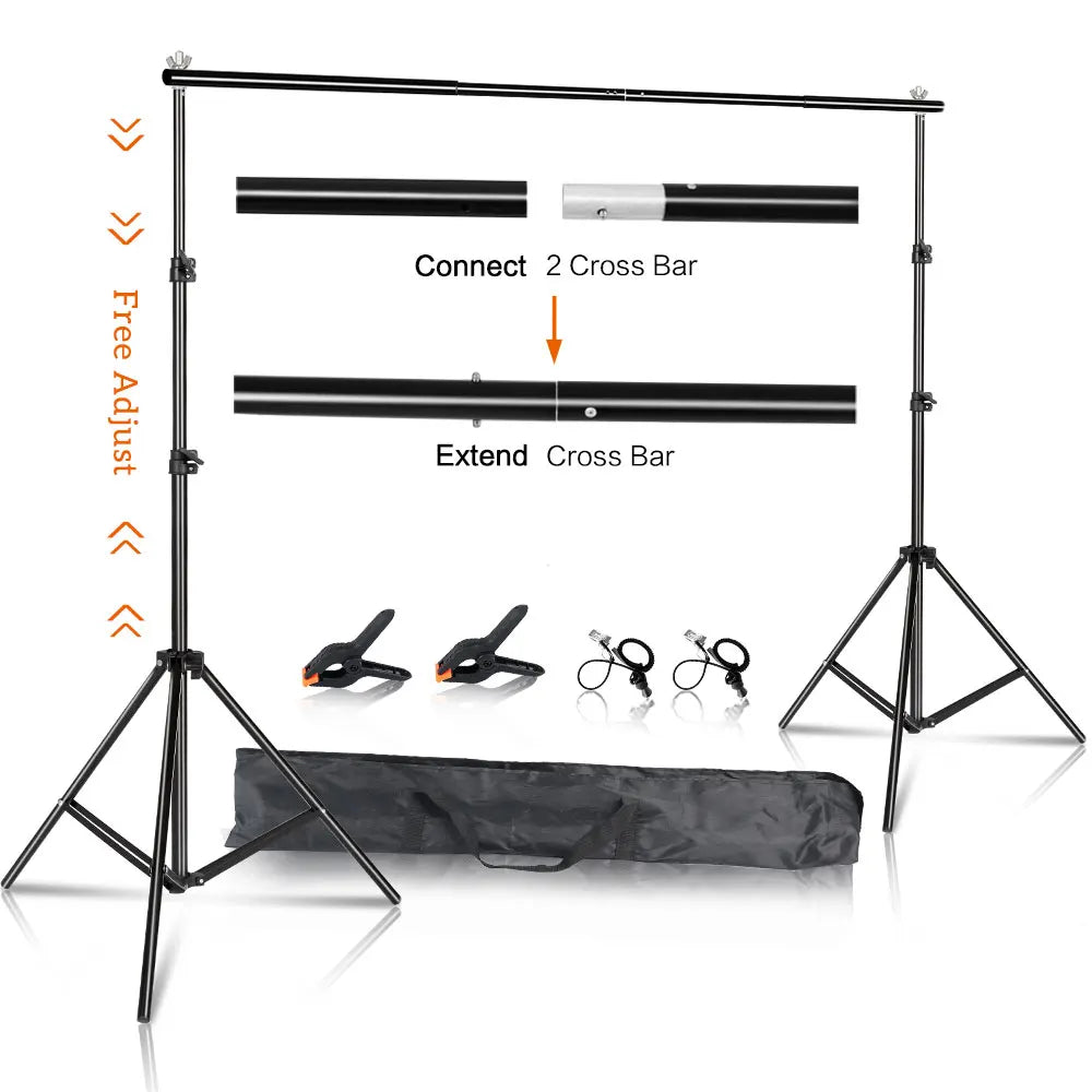 Adjustable black aluminum photo backdrop support stand kit with clamps and carrying bag on white background