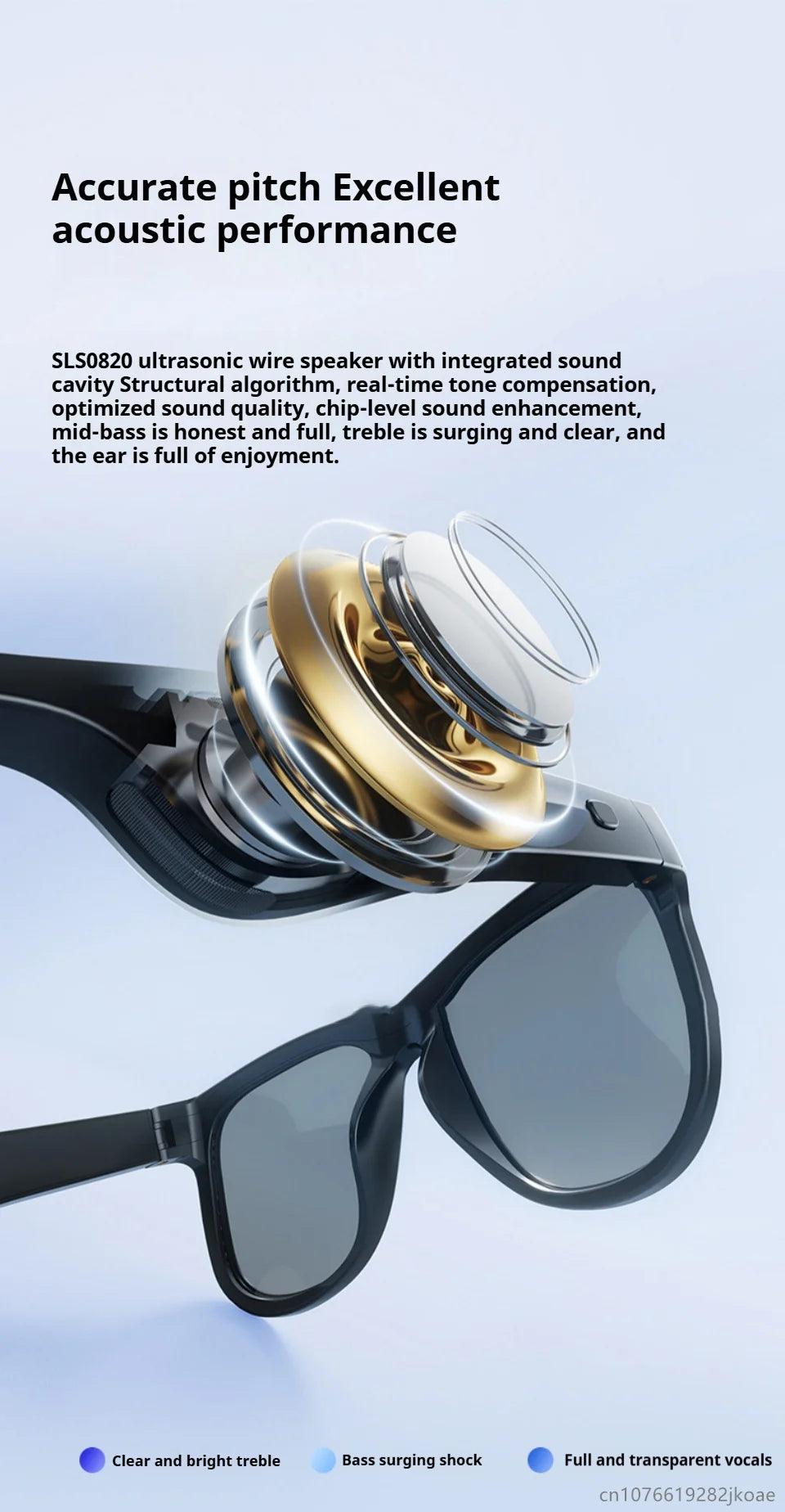 Black smart sunglasses with exploded view of integrated ultrasonic wire speaker and lens components