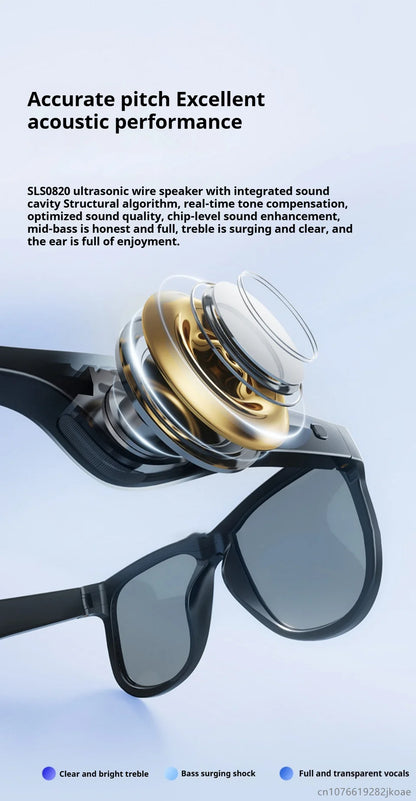 Black smart sunglasses with exploded view of integrated ultrasonic wire speaker and lens components