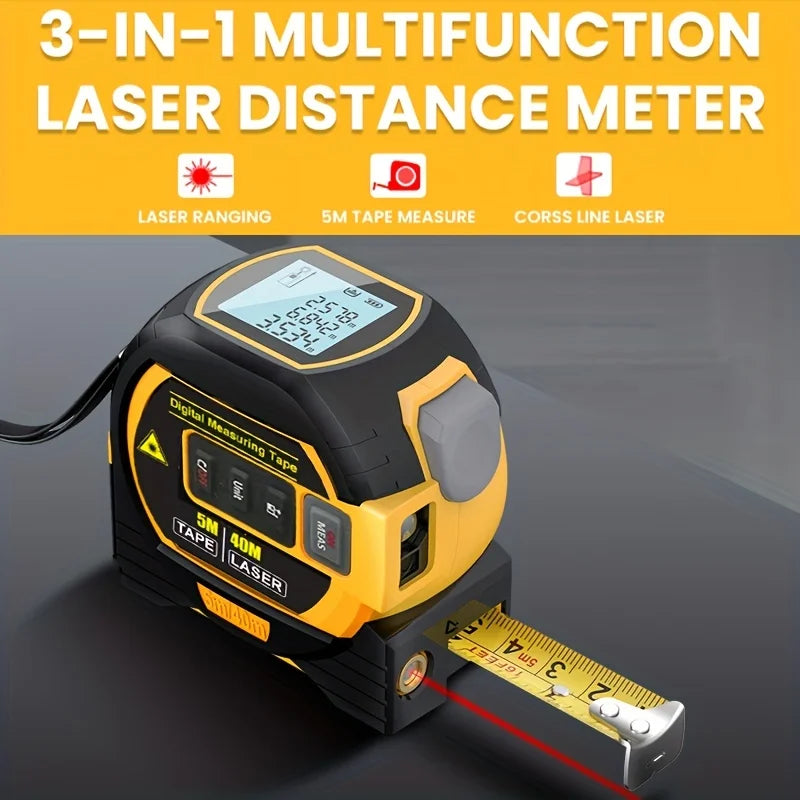 Compact black and yellow 3-in-1 digital laser distance meter with 5m tape measure and cross line laser display
