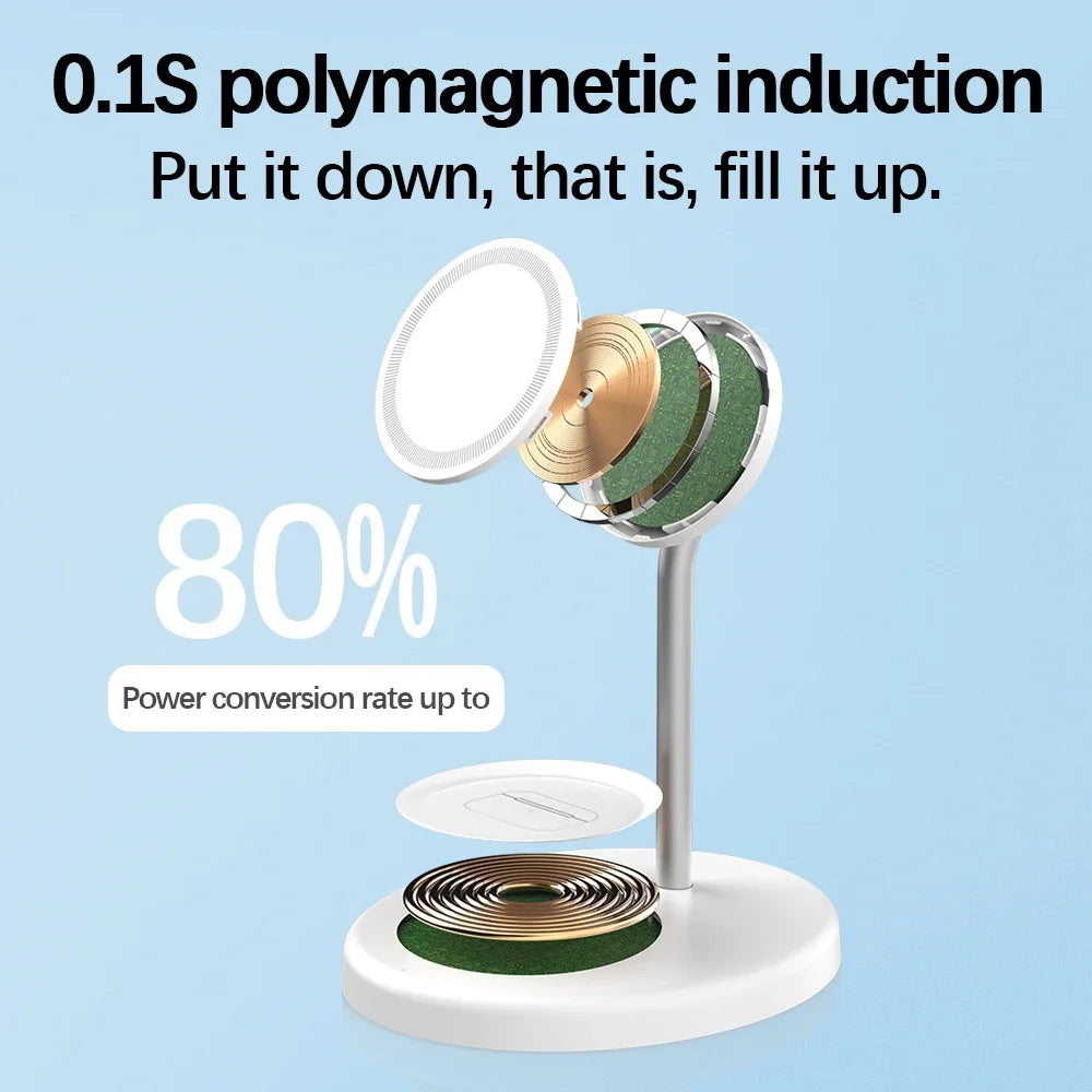 Exploded view of white 2-in-1 magnetic wireless charger showing internal components on light blue background