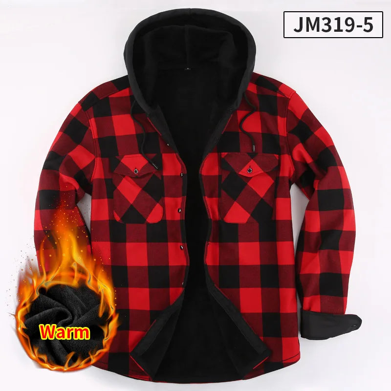 Chemise à carreaux américaine décontractée pour hommes grande taille automne hiver épaisse à capuche polaire manches longues Doba Store