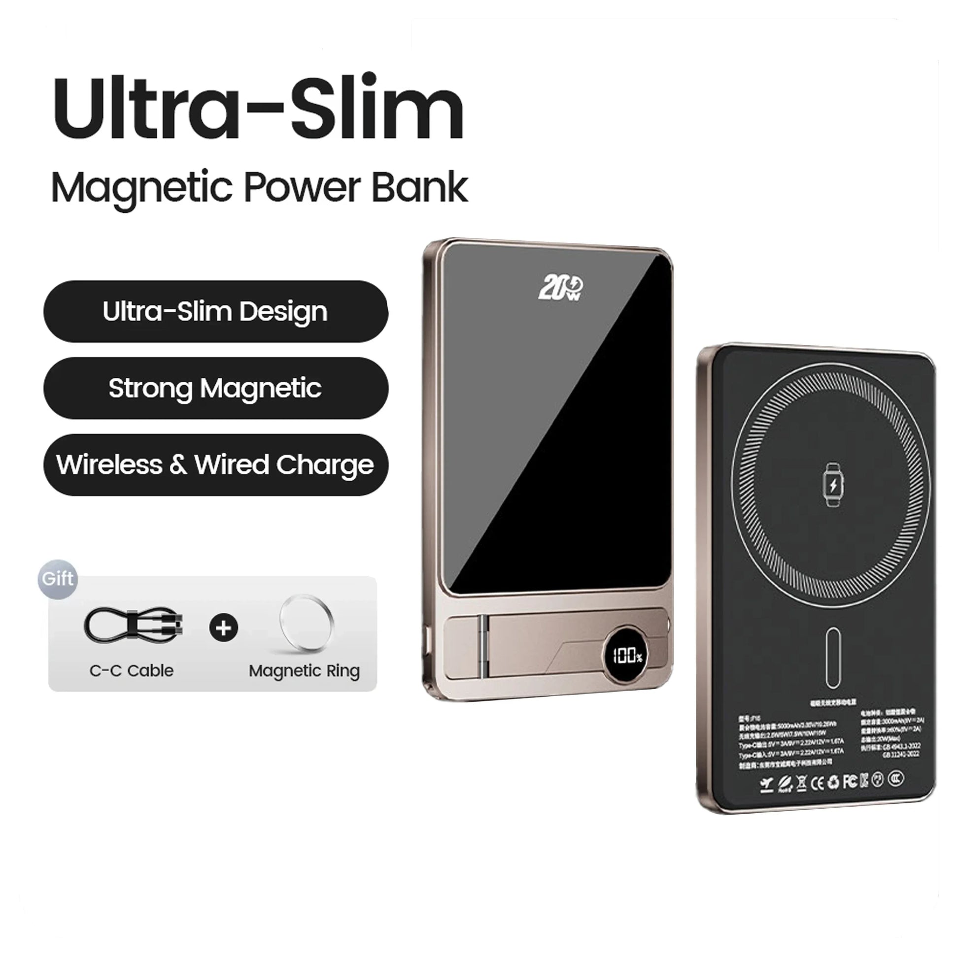 Ultra-slim magnetic power bank with digital display, wireless and wired charging, USB-C cable, and magnetic ring included