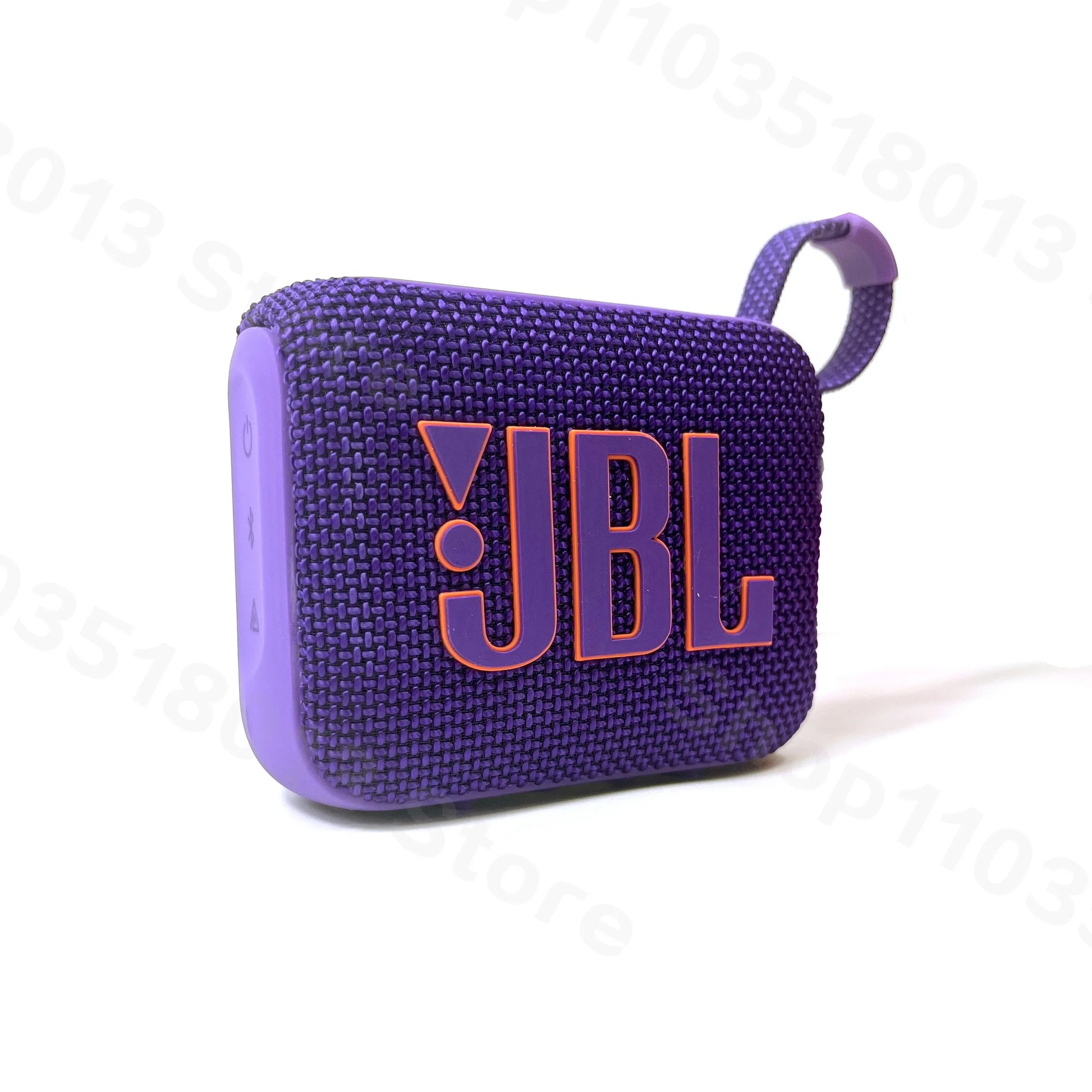 Purple JBL GO 4 portable Bluetooth speaker with textured fabric and side control buttons on a white background