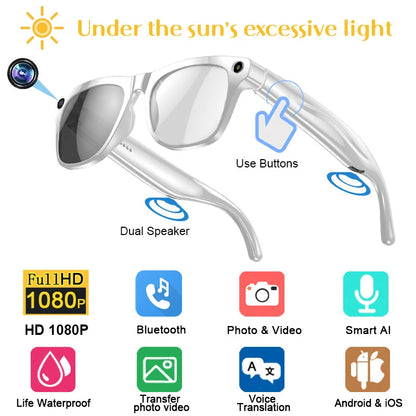 Smart white sunglasses with built-in HD camera, Bluetooth, dual speakers, and AI voice control features icons shown