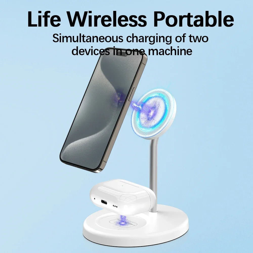 White 2-in-1 wireless magnetic charger stand charging an iPhone and AirPods against a light blue background