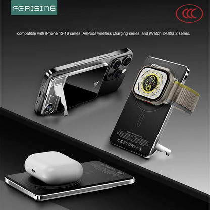 Wireless magnetic power bank charging an iPhone, Apple Watch, and AirPods with digital display and foldable stand