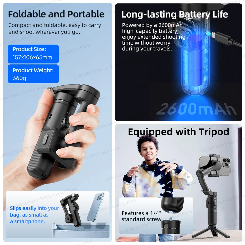 Compact foldable 3-axis smartphone gimbal with 2600mAh battery, wireless remote, and tripod for stable video shooting