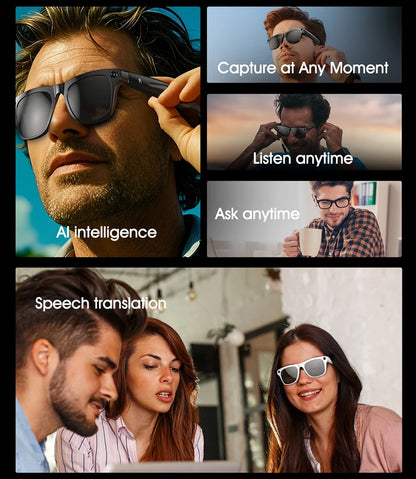 Collage showing diverse people wearing AI smart glasses demonstrating features like capture, listen, ask, and speech translation functions