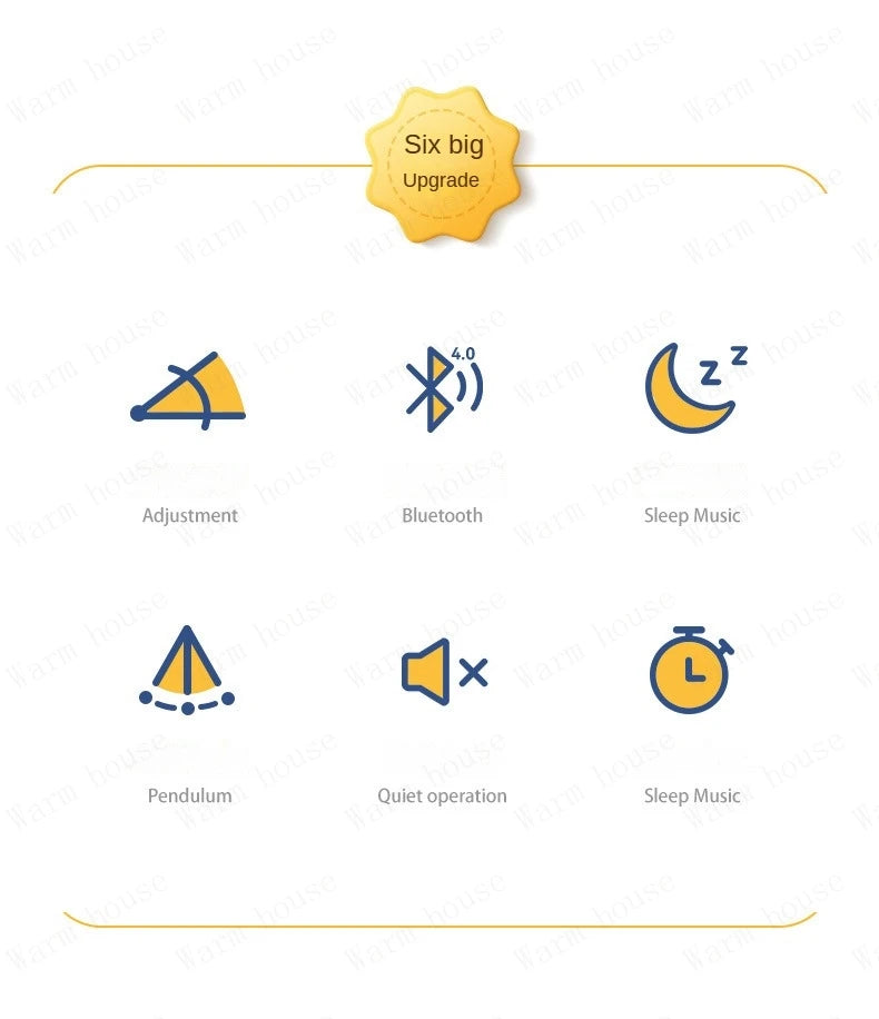 Six icon graphics showing electric baby chair features including adjustment, Bluetooth, sleep music, pendulum, and quiet operation.
