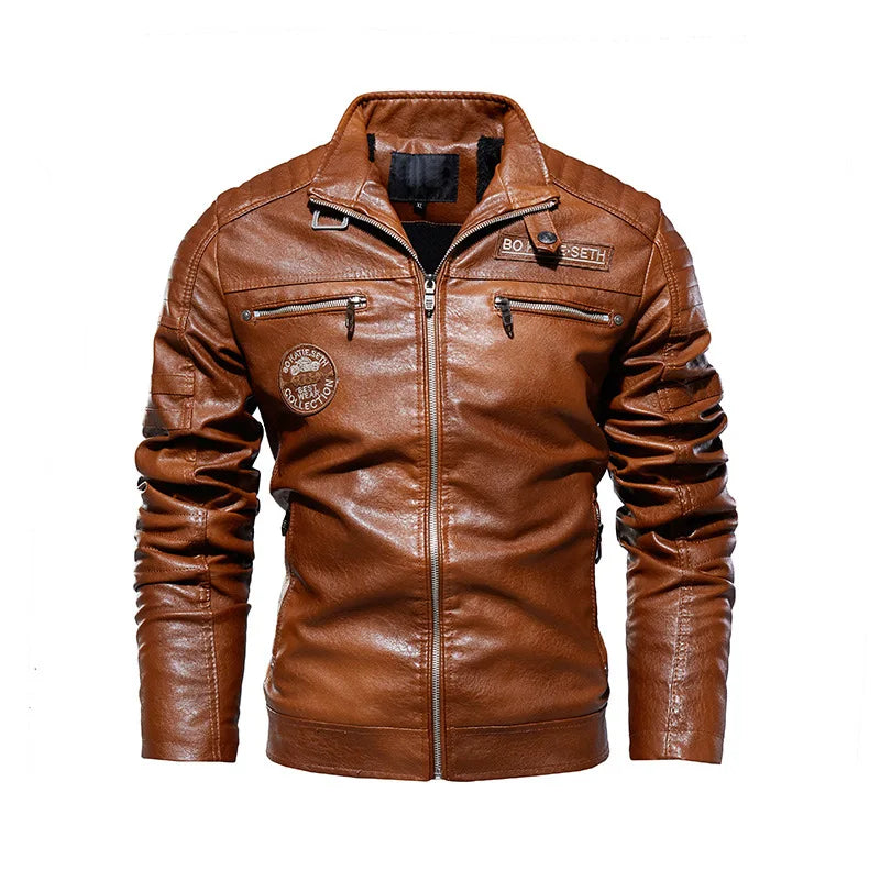 Veste en cuir PU à revers pour hommes, veste de moto décontractée, cool et à la mode, automne et hiver 2024 par Doba Store marron