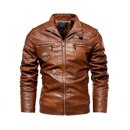 Veste en cuir PU à revers pour hommes, veste de moto décontractée, cool et à la mode, automne et hiver 2024 par Doba Store marron
