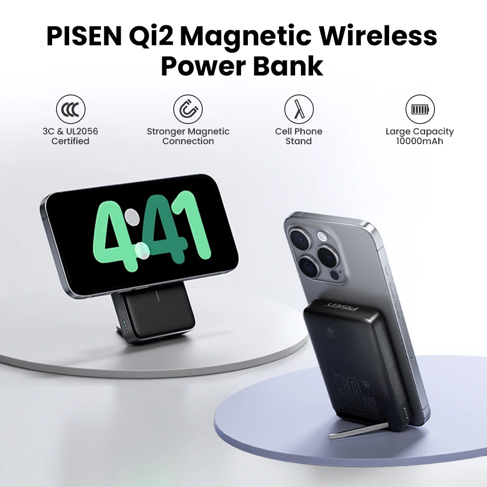 PISEN Qi2 magnetic wireless power bank 10000mAh with phone stand charging iPhone wirelessly on round surfaces