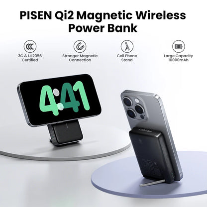 PISEN Qi2 magnetic wireless power bank 10000mAh with phone stand charging iPhone wirelessly on round surfaces