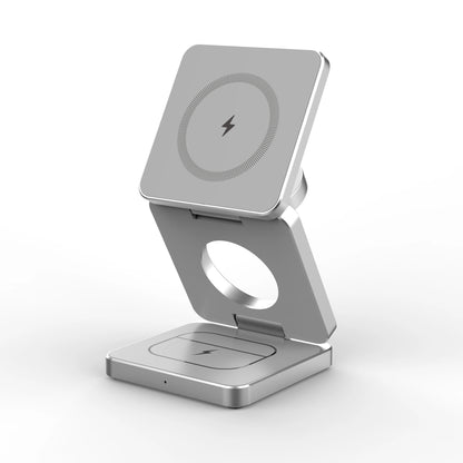 Silver foldable 3-in-1 magnetic wireless charger with fast charging for iPhone, Apple Watch, and AirPods on white background