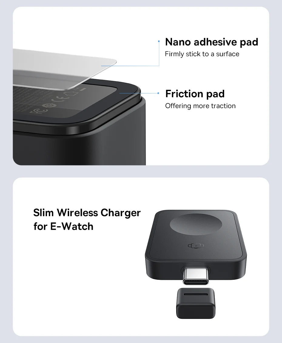 Close-up of black wireless charger with nano adhesive and friction pads and slim design for e-watch charging