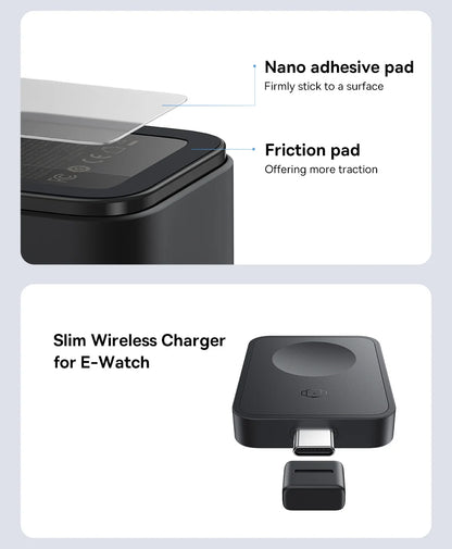Close-up of black wireless charger with nano adhesive and friction pads and slim design for e-watch charging