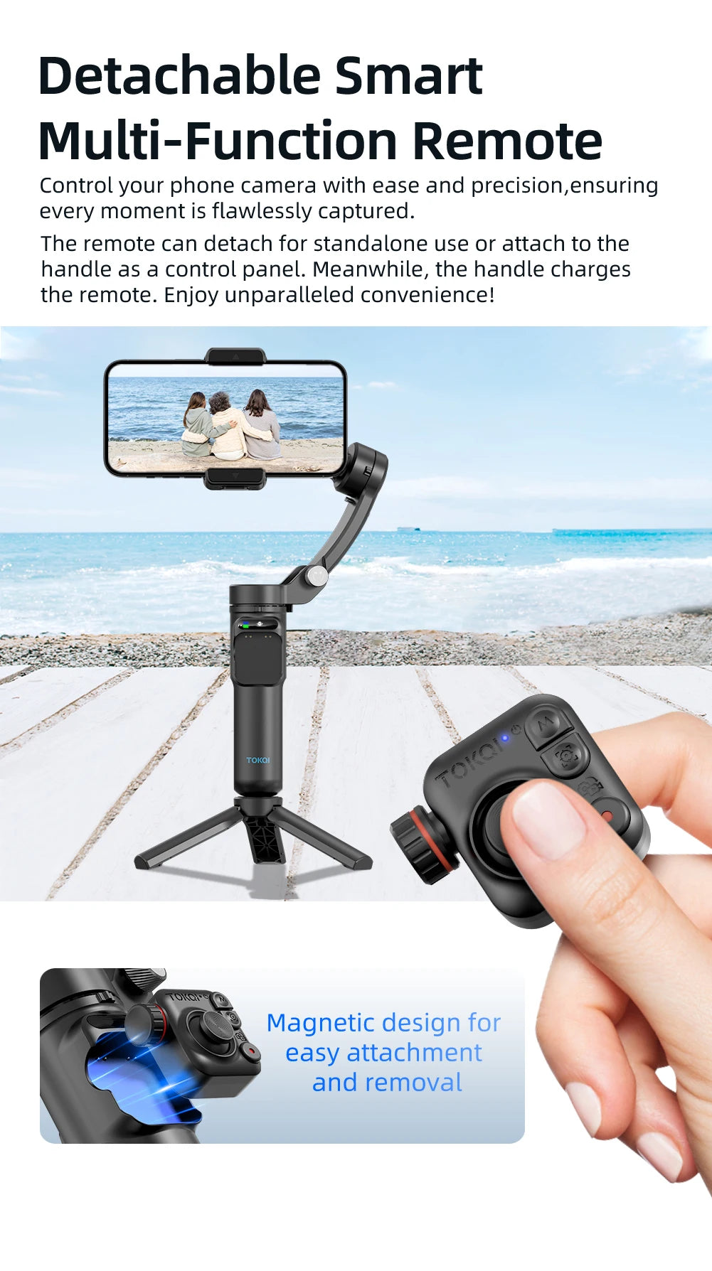 Hand holding detachable black remote control near portable smartphone gimbal stabilizer with tripod on beach background