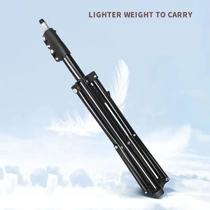 Black multifunctional portable phone tripod against a light blue background with feather graphic and text lighter weight to carry