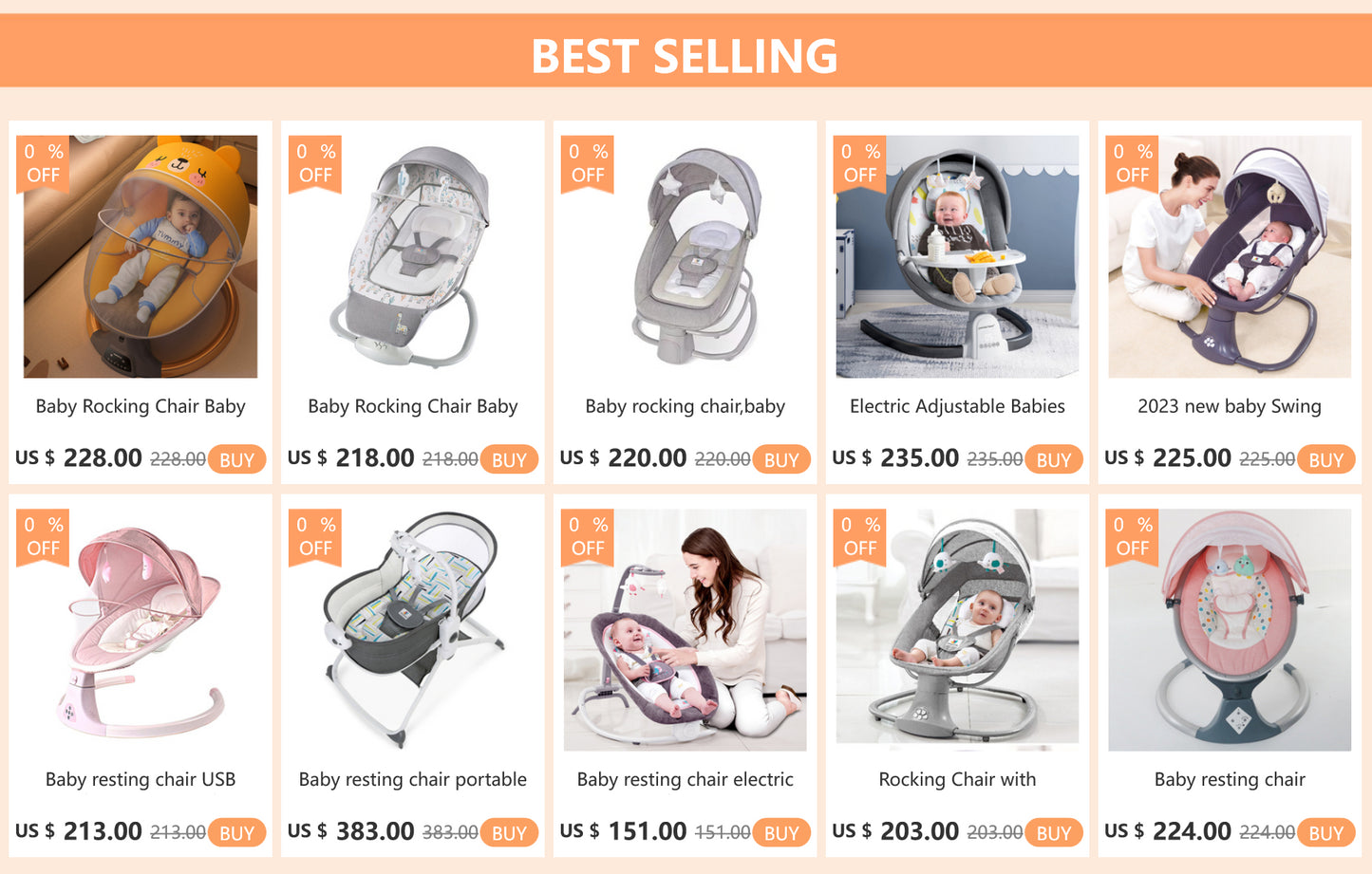 Grid of best-selling baby rocking chairs and electric resting chairs with infants and parents in various settings