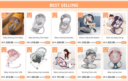 Grid of best-selling baby rocking chairs and electric resting chairs with infants and parents in various settings