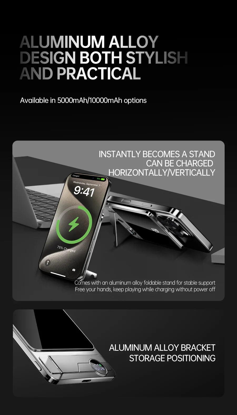 Aluminum alloy power bank with foldable stand supporting horizontal and vertical wireless charging for smartphones