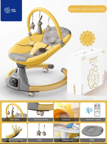 Electric multifunctional yellow baby rocking chair with toy rack, sunshade, and remote control features