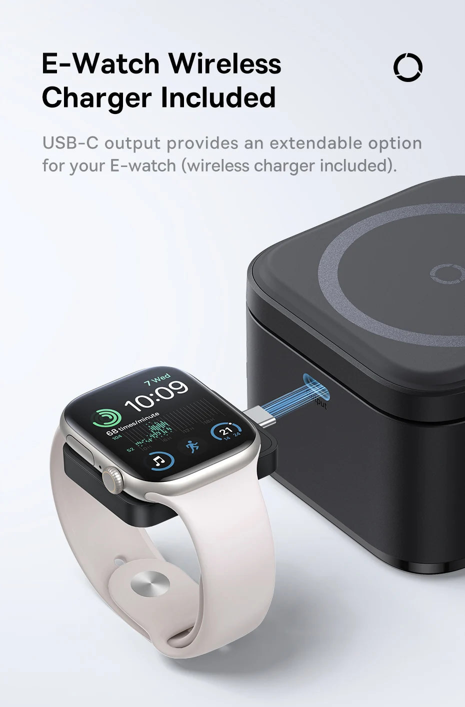 Black wireless charging station with connected USB-C cable charging a white smart watch on white background