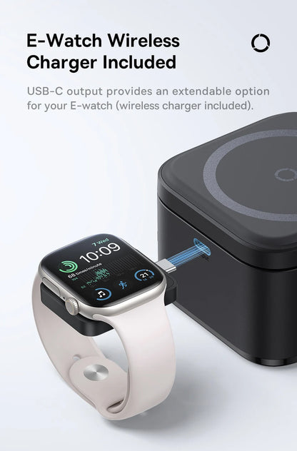 Black wireless charging station with connected USB-C cable charging a white smart watch on white background